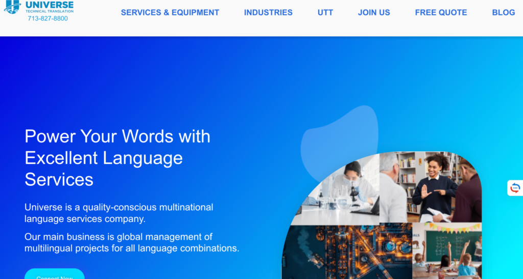 Image du site web de traduction univers technical translation basé a Austin texas